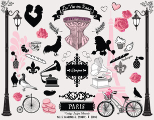 Set of vintage romantic symbols and icons illustrating Paris, France - obrazy, fototapety, plakaty