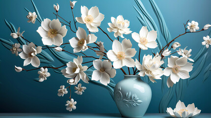 Ornate 3d white rice flowers in blue ceramic vase with blue background.  