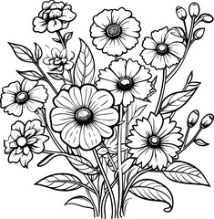 Flowers line art vector illustration set isolated on white. Flower black ink sketch. Modern minimalist hand drawn design.