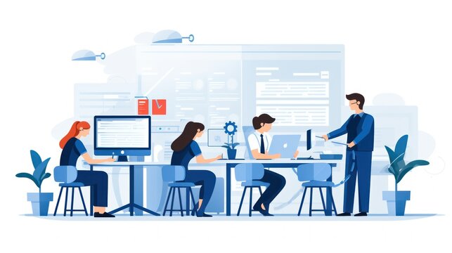 Illustrate a help desk scenario with IT professionals assisting users, troubleshooting technical issues, and providing support