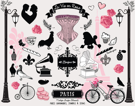Set of vintage romantic symbols and icons illustrating Paris, France