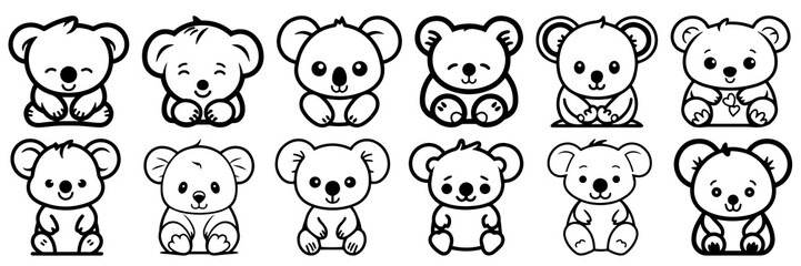 Kawaii koala silhouettes set, large pack of vector silhouette design, isolated white background © FutureFFX