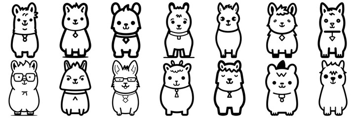 Obraz premium Kawaii llama alpaca silhouettes set, large pack of vector silhouette design, isolated white background