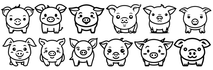 Kawaii pig silhouettes set, large pack of vector silhouette design, isolated white background