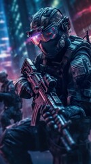Fototapeta na wymiar futuristic cyberpunk neon soldiers in military uniform with weapon, generated AI
