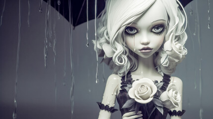 Sad Doll Face with Roses in Rain Illustration Generative AI Wallpaper Background Journal Digital Art