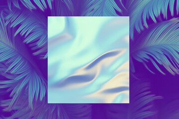 Tropical exotic concept. Blue palm leaves, neon blue ultraviolet background. Copy space is an imitation of a water surface, blue color. Sea waves. An interesting summer concept. Abstract summer idea.