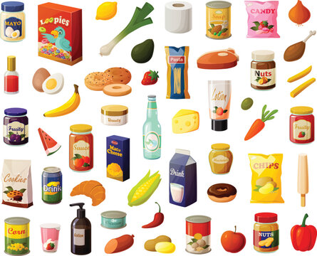 Cute vector illustration of various shopping or grocery items from the supermarket such as fruits and vegetables, canned goods for the pantry, snacks and beauty supplies.