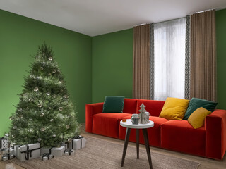 Room interior Christmas 3d render, 3d illustration