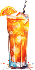 Refreshing Drink with Ice and Orange Watercolor illustration. Hand drawn vector illustration isolated on white background