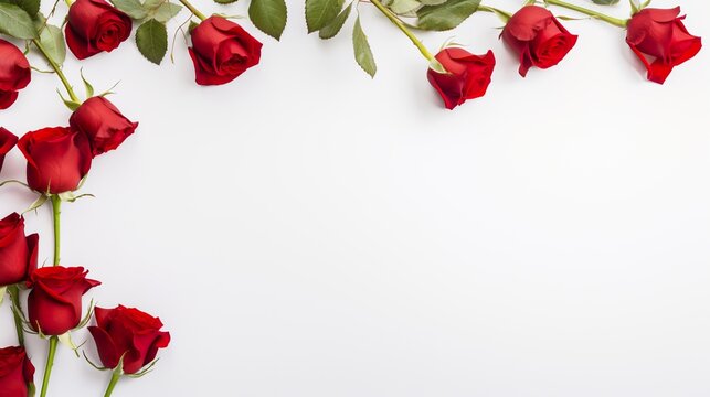 White banner background with with red roses and space for copy. AI generative art.