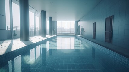 Indoor swimming pool in a luxury modern urban building. Tile walls and floors, large panoramic windows with stunning city view. Minimalistic interior. Comfortable living environment. 3D rendering.