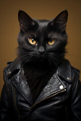 A cool black cat wearing a black leather jacket. Generative AI.
