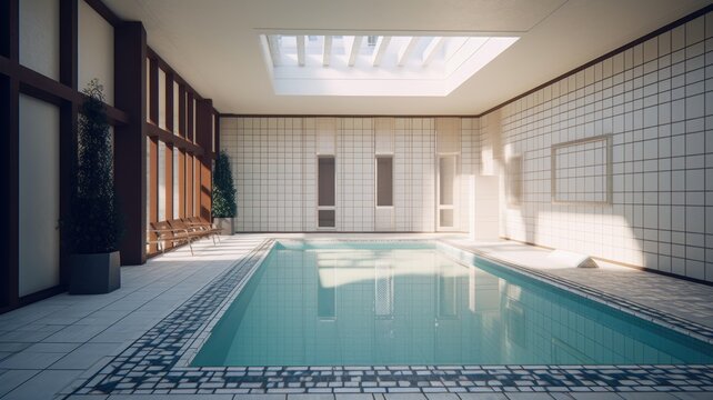 Indoor swimming pool in a luxury modern building. Tile walls and floors, ceiling with skylights, huge plants in floor pots. Minimalistic interior. Comfortable living environment. 3D rendering.