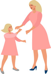 Young woman with child in a flat style. Mother leads daughter by the hand. Mother and daughter. Woman in casual pink dress. Vector illustration.