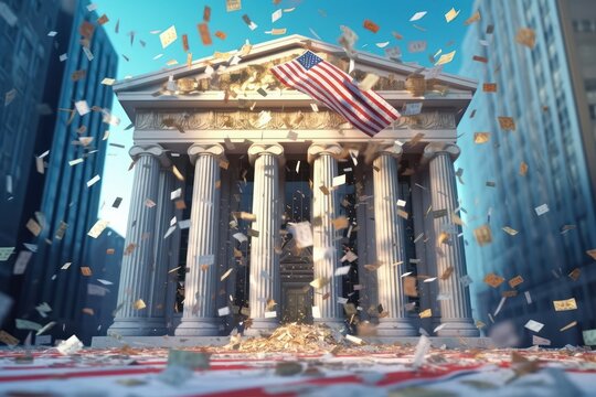 The American bank building collapsing. Bankruptcy of a financial institution. Bricks crumbling, stocks and bonds flying apart, american flag down. Economic crisis. Mockup, 3D rendering.