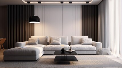 Fragment of a modern minimalist monochrome living room. Wall with dark fabric drapery, comfortable corner sofa with pillows, coffee table, pendant lamp, carpet on the floor. Mockup, 3D rendering.