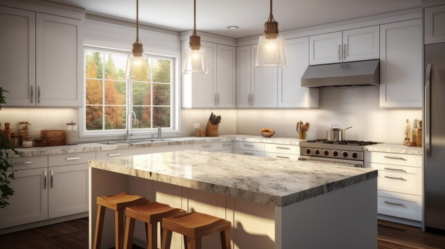 Modern luxury classic white kitchen. Large kitchen island with quartz stone countertop and bar stools, pendant lights, modern kitchen appliances, wooden floor, home decor. 3D rendering.