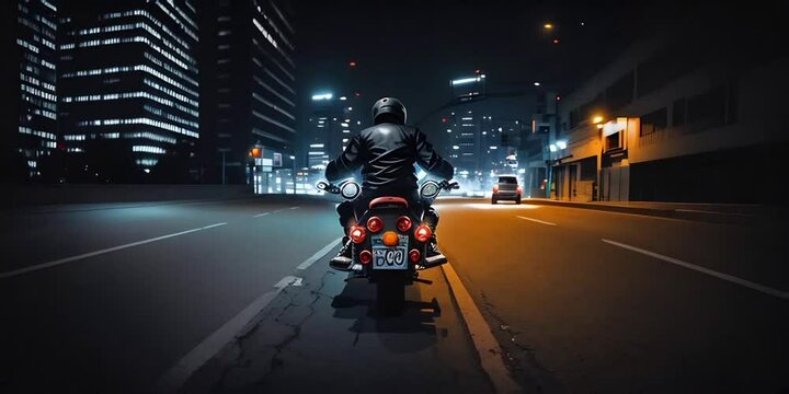 Motorcyclist in a black cordan jacket on a black bike rides along a deserted night road in a metropolis