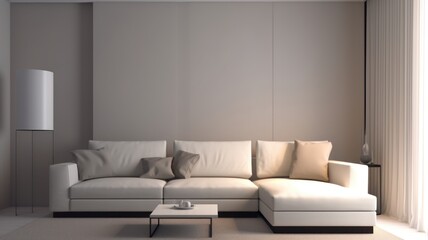 Fragment of a modern minimalist monochrome living room. Empty walls, comfortable corner sofa with pillows, coffee table, floor lamp, carpet, window with curtain. Mockup, 3D rendering.