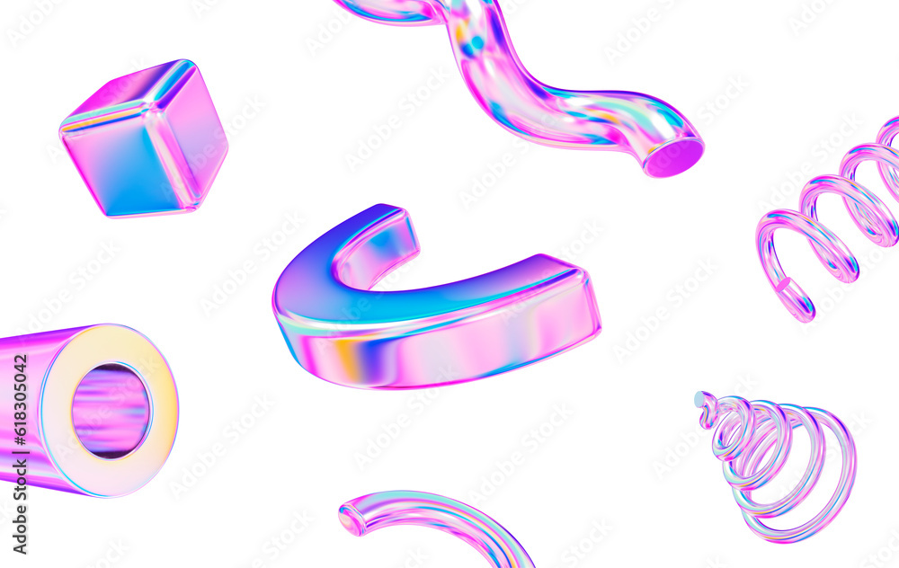 Poster abstract flying geometry neon shapes on isolated background. 3d rendering illustration.