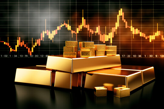 Gold bar resting on a stocks and shares graph representing investment, digital ai art