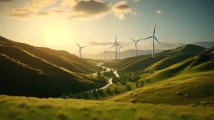 Fototapeta na wymiar Wind turbines on the green hills against the colorful sunset sky. Production of renewable green energy. Sustainable development concept. Mockup, 3D rendering.