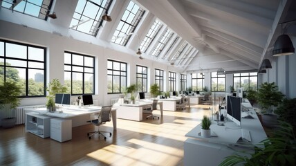 Fototapeta na wymiar Loft style open space eco-office in a modern building. Ceiling with skylights, large tables with chairs, desktop computers, plants in floor pots. Comfortable working environment. 3D rendering.