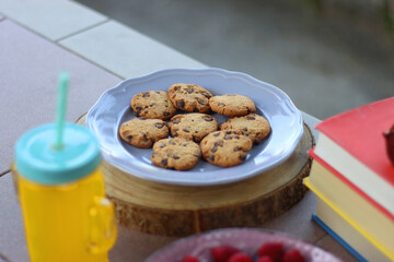 Straw hat, orange soda in the cactus shaped cup, bowl of fresh blueberreis and raspberries, plate of chocolate chip cookies, stack of books and sunglasses in the garden. Selective focus.