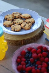 Straw hat, orange soda in the cactus shaped cup, bowl of fresh blueberreis and raspberries, plate of chocolate chip cookies, stack of books and sunglasses in the garden. Selective focus.