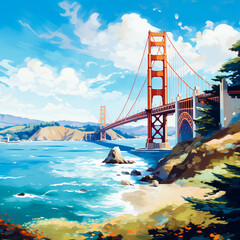 Scene from nature with a view of the Golden Gate Bridge. Clear blue sky with white fluffy clouds. Sea coast, water that sparkles in the sun. Rocky coast. Hills in the distance. A sunny day near San Fr