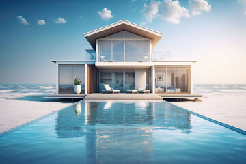 Fototapeta na wymiar A seaside beach with a pool, featuring a modern two-story building with floor-to-ceiling windows