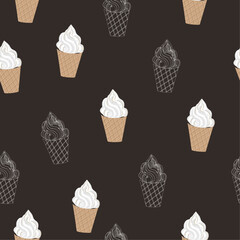 ice cream seamless pattern with soft ice in a waffle cup on a dark brown background and with ice cream sketches. vector graphics