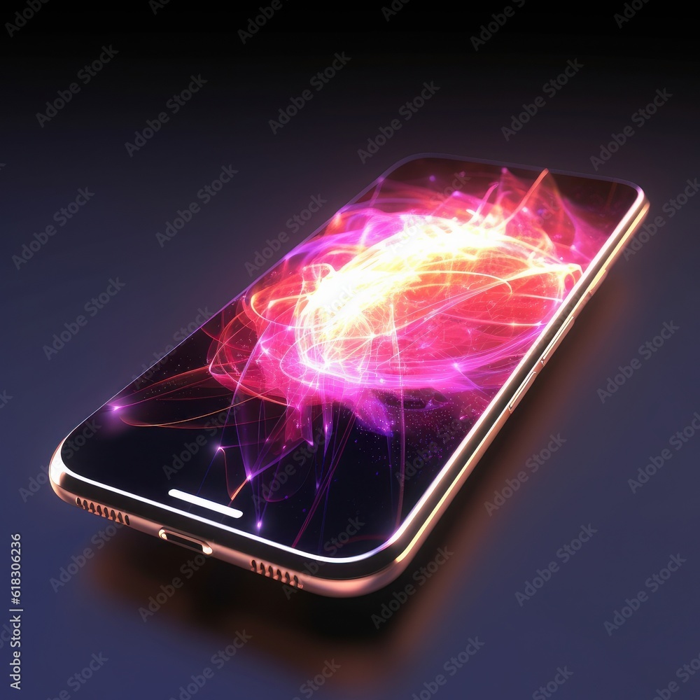 Aufkleber closeup of a smartphone with abstract image on it's screen. random light trails on a dark background