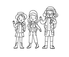 Fototapeta na wymiar Group of traveler characters, outline drawing style vector illustration