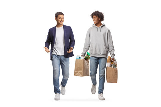 African American Man With Grocery Bags Walking And Talking To A Friend