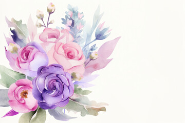 Watercolor floral bouquet on white background. Hand drawn illustration style. Place for text. Greeting card template.