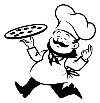 Black and white illustration of a man running with a pizza in his hand. A baker with a mustache delivers pizza. Pizzeria logo. The concept of fast pizza delivery. Italian confectioner with national di