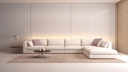 Fragment of a modern minimalist monochrome living room. Empty walls, comfortable corner sofa with pillows, coffee table, table lamp, carpet on the floor. Mockup, 3D rendering.