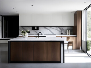 Illustration of the interior of a modern minimal and luxurious kitchen, natural lighting- AI generative 