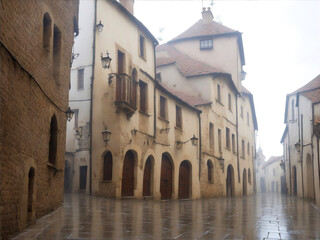 Fototapeta premium Illustration a foggy European medieval street after the rain- AI generative 