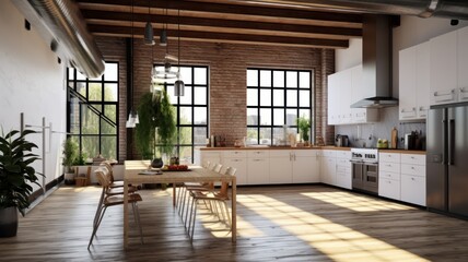 Fototapeta na wymiar Spacious loft style kitchen with dining area. White facades, large dining table with chairs, modern kitchen appliances, wooden floor, wooden ceiling with beams, green plants, panoramic windows.