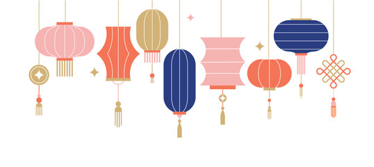 Collection of Chinese Lanterns. Chinese New Year, Mid Autumn Festival background, banner and greeting card. Flat minimalist geometric design