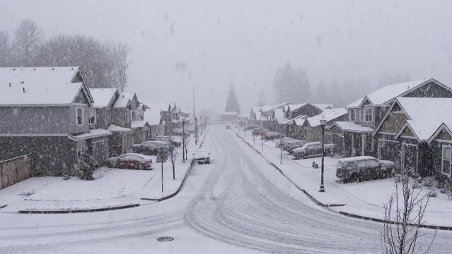 Blizzard Snow Falls Over Residential Neighborhood