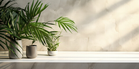 A sleek white marble countertop in sunlight with palm leaf shadows on a concrete wall background, perfect for showcasing luxury organic cosmetics, skincare, and beauty products in 3D.