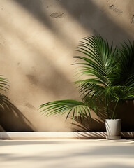 Contemporary vacant brown concrete counter under the sunlit green palm tree with leaf shadows against a textured stucco wall, luxury organic cosmetics, skincare, and beauty products in 3D displays.