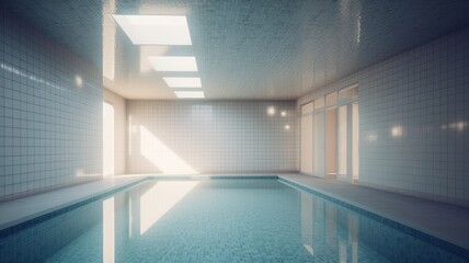 Indoor swimming pool in a luxury modern building. Tile walls and floors, ceiling with skylights. Minimalistic interior. Comfortable living environment. 3D rendering.