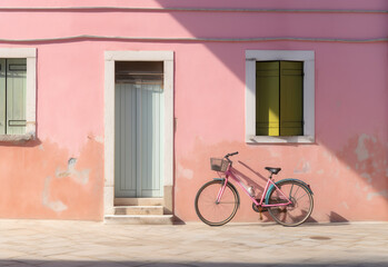 Fototapeta na wymiar A bicycle is parked next to an colorful colored house. Generative Ai