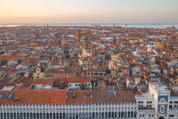 Top view of Venice from the St. Mark's Campanile tower at sunset, Italy, Europe.