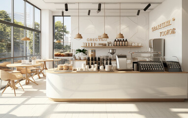 Korean style design café, small and modern with a 3D background of glossy ivory white circular corner counter, cake display, professional espresso machine, bar table, and stool 